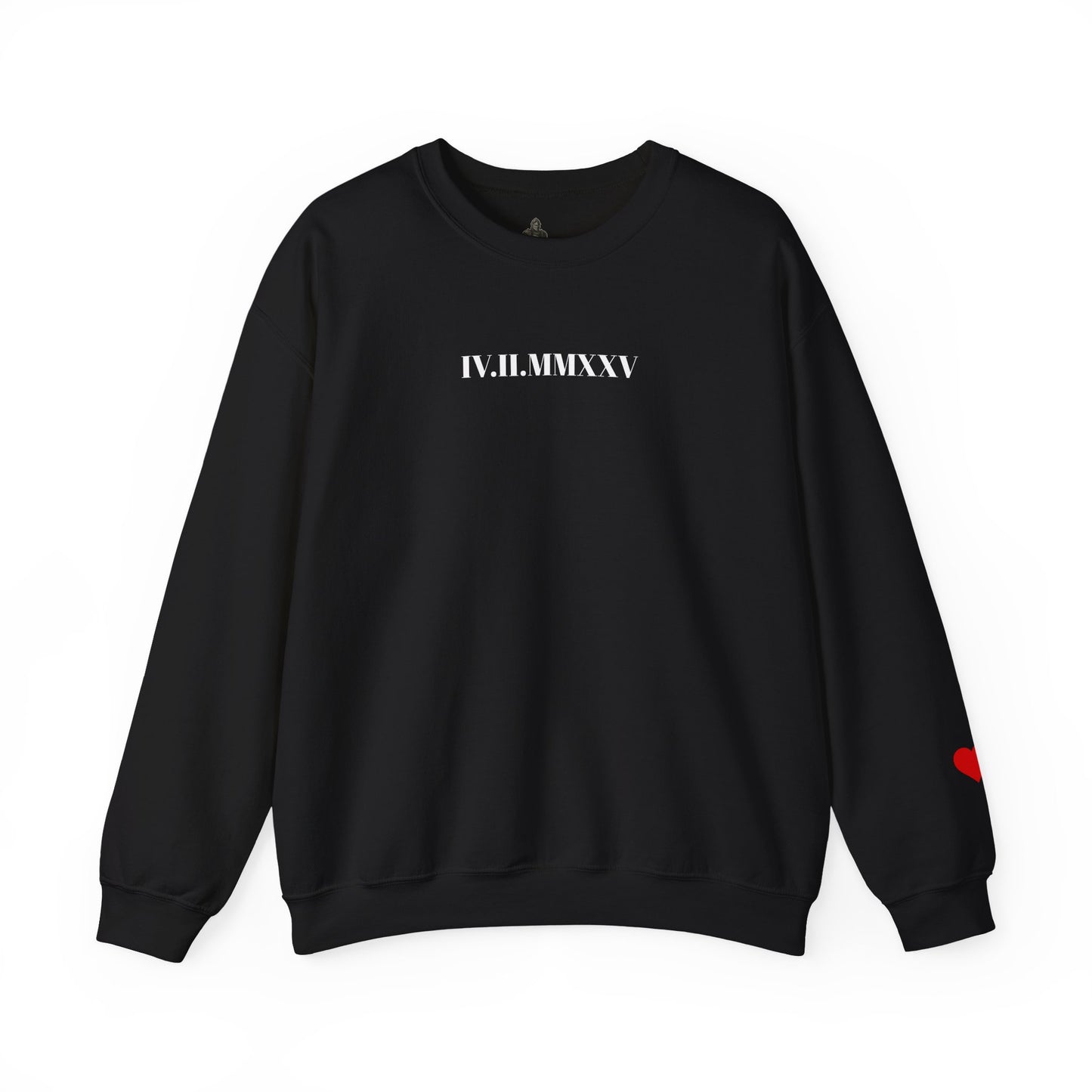 Crewneck Sweatshirt with Roman Numerals & Red Heart Sleeve — Minimalist Anniversary Gift