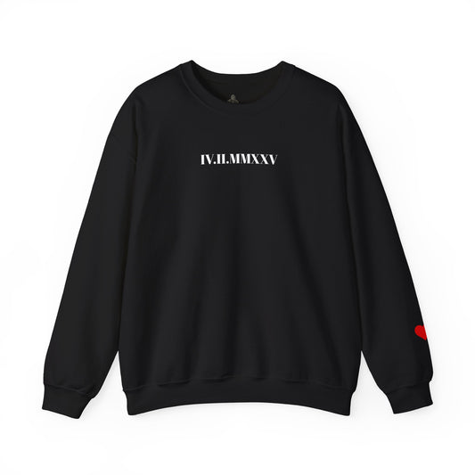 Crewneck Sweatshirt with Roman Numerals & Red Heart Sleeve — Minimalist Anniversary Gift
