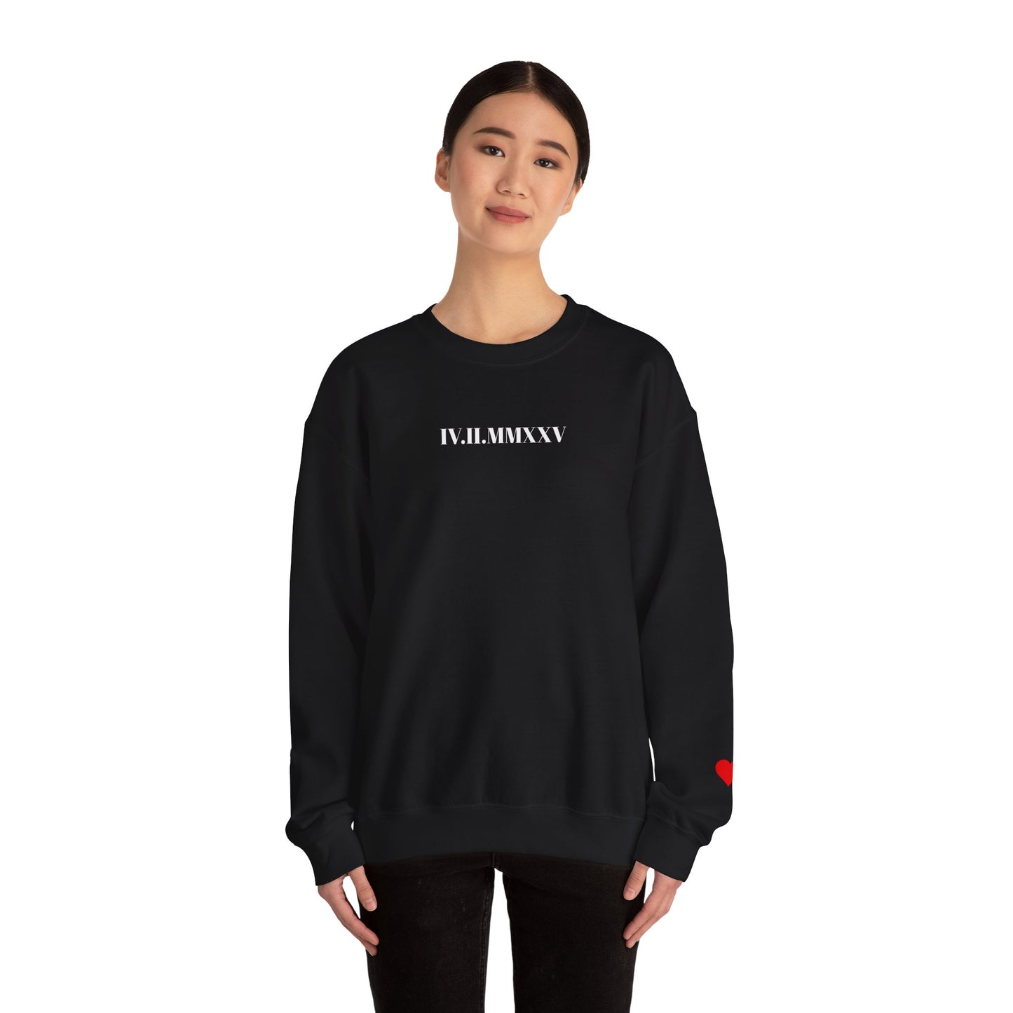 Crewneck Sweatshirt with Roman Numerals & Red Heart Sleeve — Minimalist Anniversary Gift