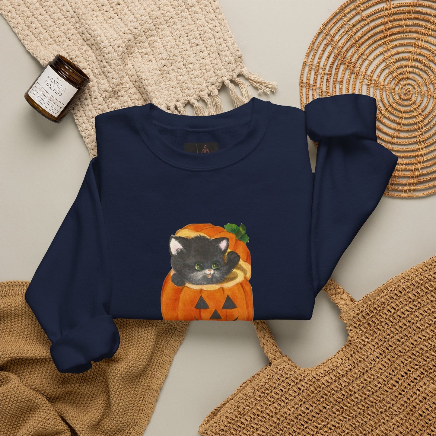 Friday Knights-  Black Cat in Jack-O'-Lantern Crewneck Sweatshirt