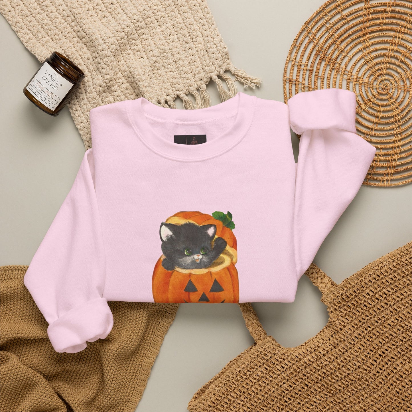 Friday Knights-  Black Cat in Jack-O'-Lantern Crewneck Sweatshirt