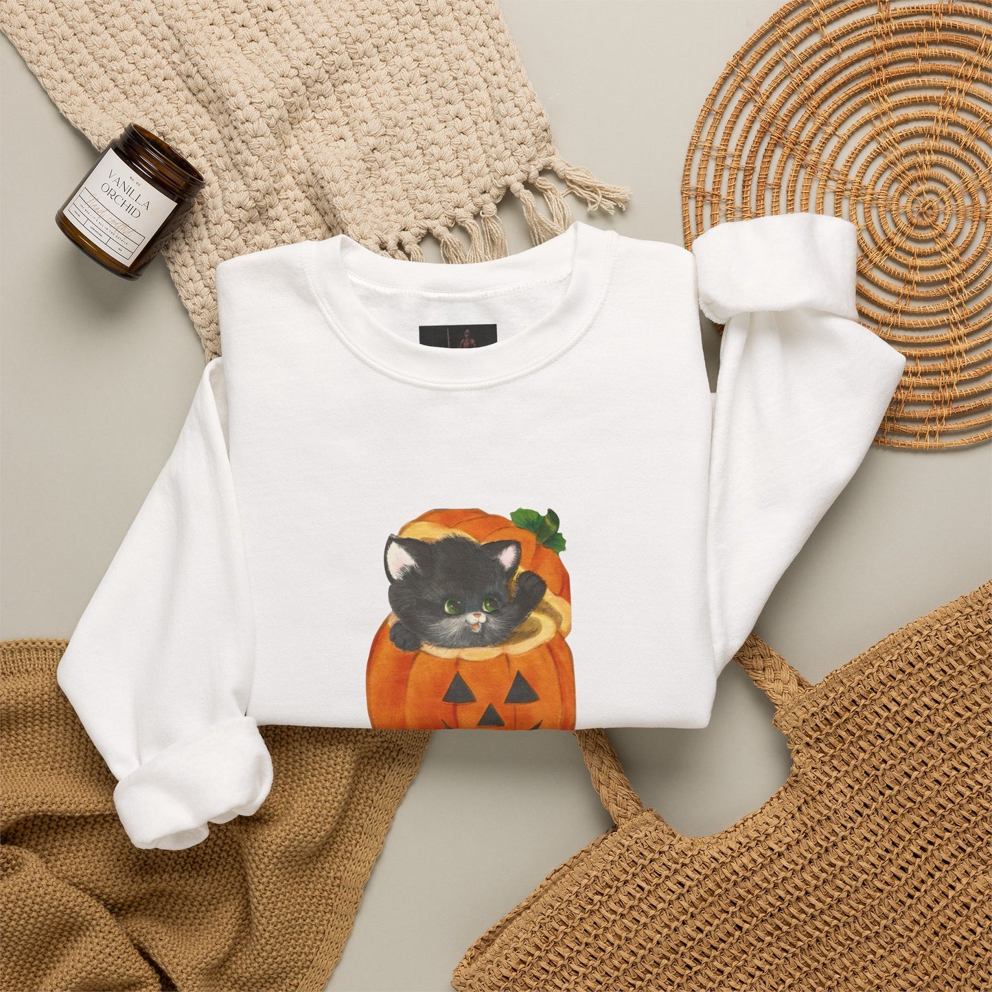 Friday Knights-  Black Cat in Jack-O'-Lantern Crewneck Sweatshirt
