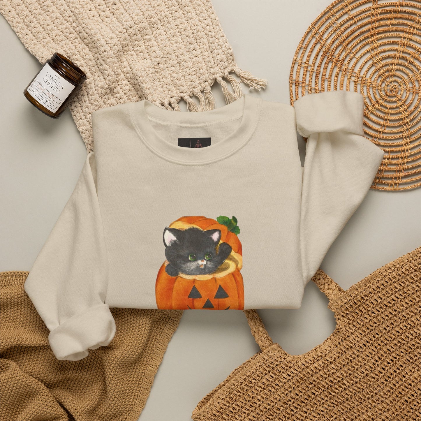 Friday Knights-  Black Cat in Jack-O'-Lantern Crewneck Sweatshirt